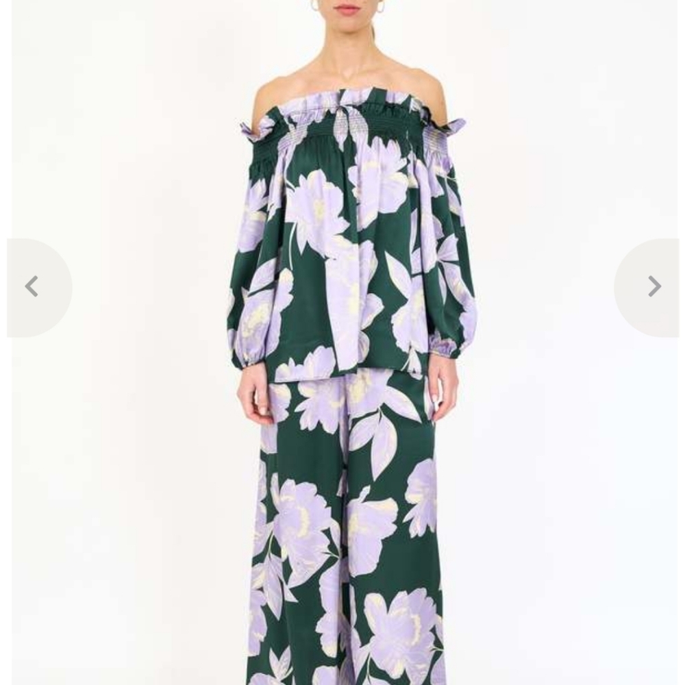 Christy Lynn Purple Green Blossom Regina Off-the-Shoulder Silk Top NWT Size Smal